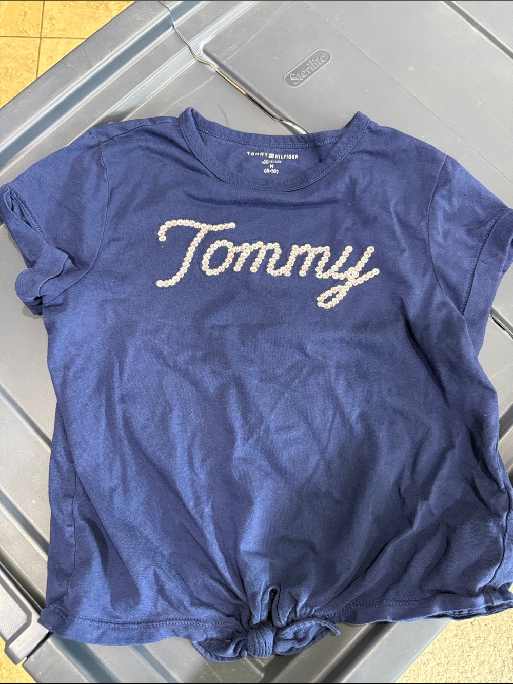 Tommy Hilfiger Girls 8/10 Navy Short-Sleeve Pearl 'Tommy' Knot Tee